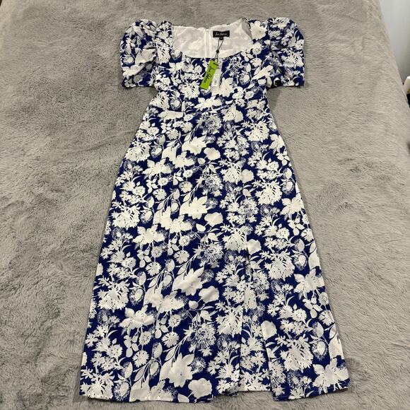 Sam Edelman Dress Womens Size 6 Blue White Floral Puff Sleeve Midi Sundress New - Picture 1 of 13